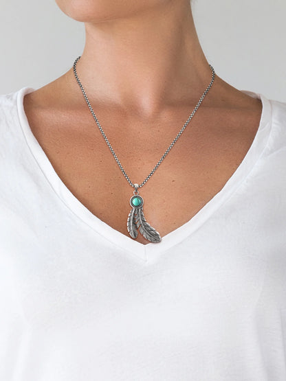 Faux Turquoise Feather Necklace – Silver Tone, 28&quot; + 3&quot; Adjustable Chain