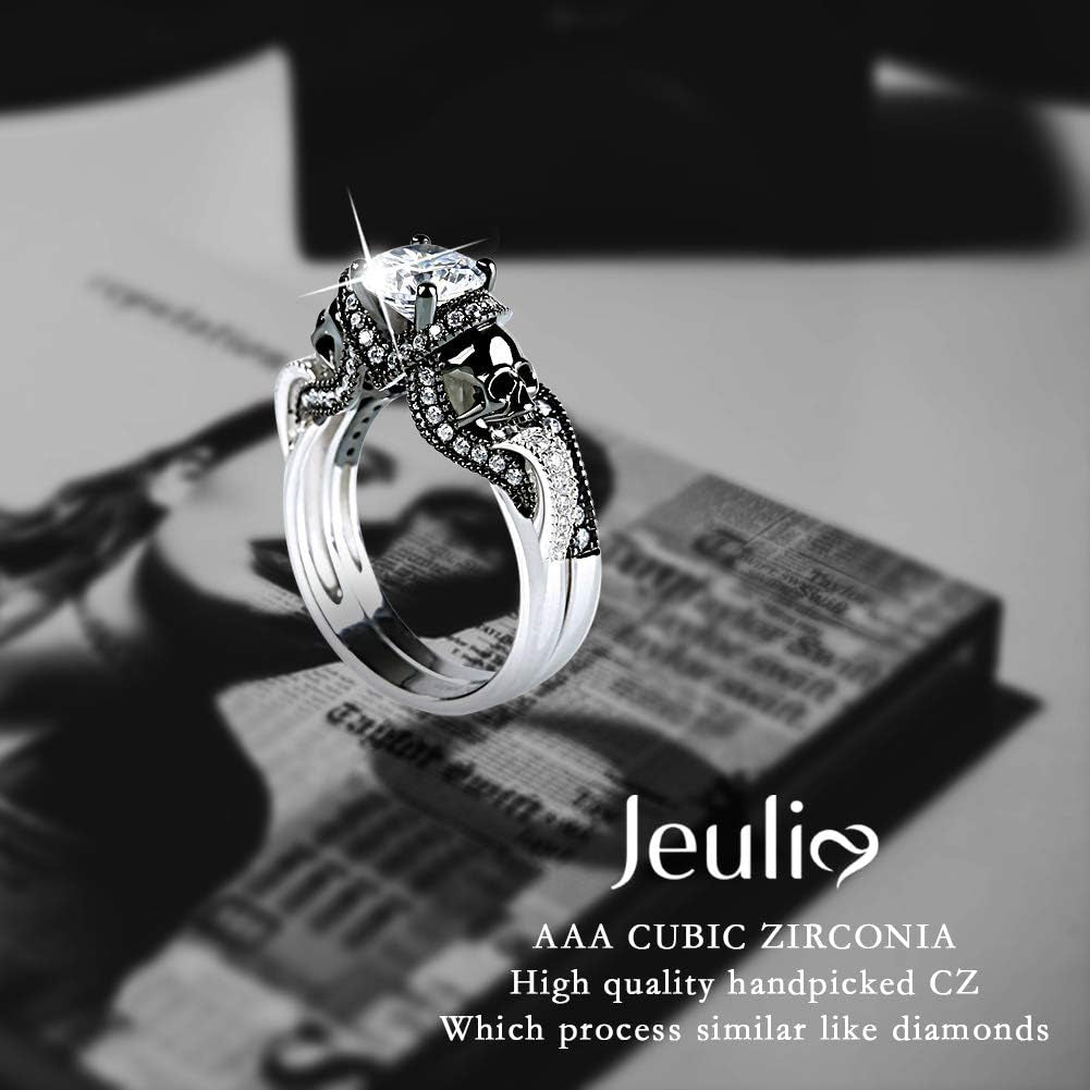 3.68 Carat Skull Bridal Ring Set for Women – Two-Tone Sterling Silver Twist Band with White Diamond CZ, Black Plated Engagement &amp; Promise Ring with Gift Box
