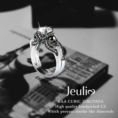3.68 Carat Skull Bridal Ring Set for Women – Two-Tone Sterling Silver Twist Band with White Diamond CZ, Black Plated Engagement &amp; Promise Ring with Gift Box