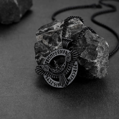🛡️ Viking Raven Necklace for Men – Black Stainless Steel Norse Rune Pendant | Retro Crow Amulet Jewelry Gift for Friends, Sons, Grandsons, or Birthdays