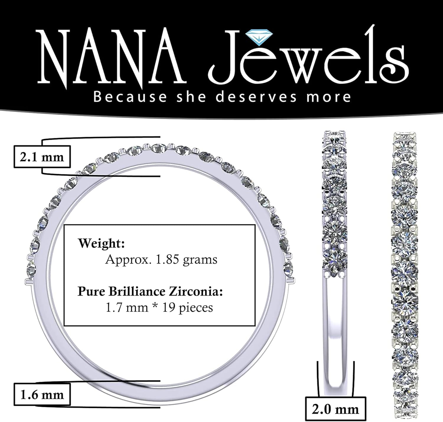 Wedding Band with Cubic Zirconia – 925 Sterling Silver, 10K &amp; 14K Gold Half Eternity Stackable Anniversary Ring, Sizes 4-12