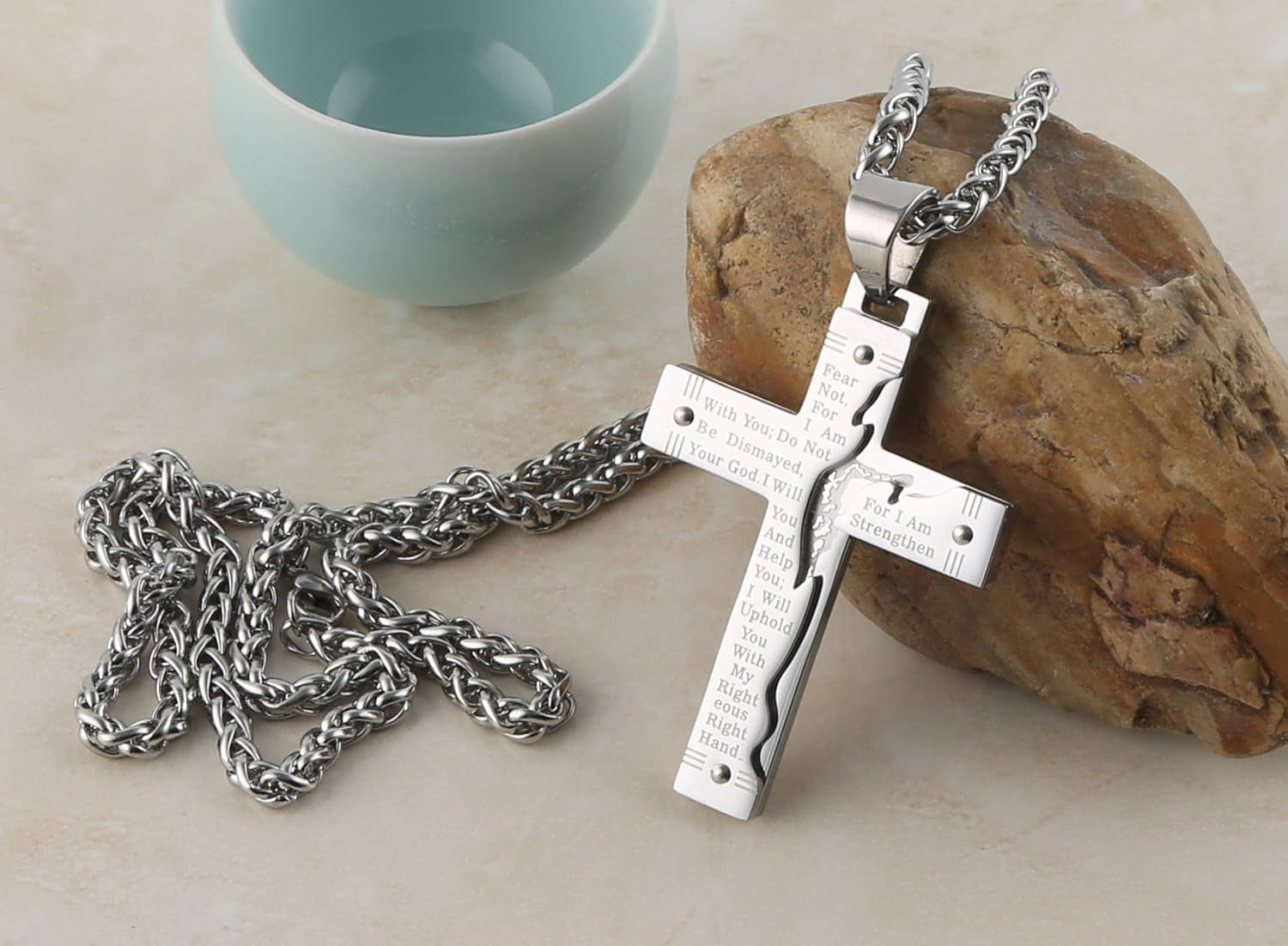 Men’s Stainless Steel Jesus Christ Crucifix Cross Necklace – Lord’s Prayer Pendant for Faith, Strength &amp; Style