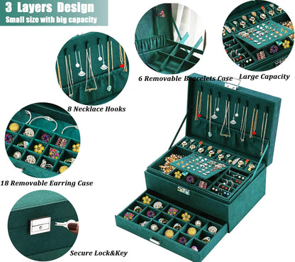 Green Velvet Jewelry Box for Women – Lockable Organizer for Necklaces, Earrings, Rings &amp; Bracelets – Elegant Teen Jewelry Storage Case