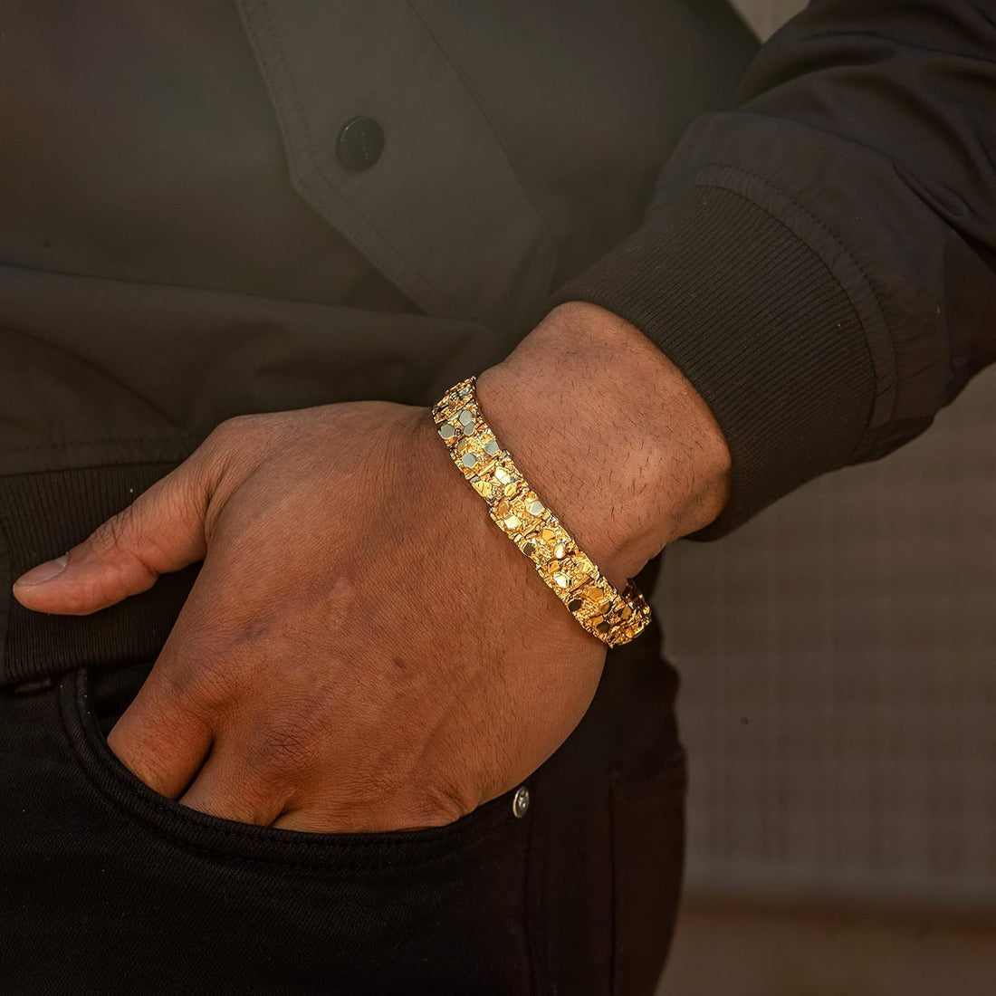 13mm Rugged Nugget Link Bracelet – 24K Gold Plated, Unisex