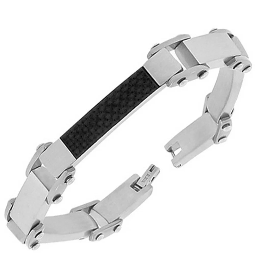Stainless Steel Two-Tone Simulated Carbon Fiber Link Chain Men’s Bracelet