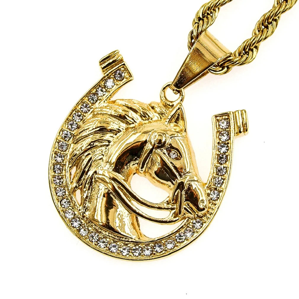 Horse Head Necklace for Men – Hip Hop Viking Horse Pendant with 23.6&quot; Stainless Steel Chain, Gold Finish