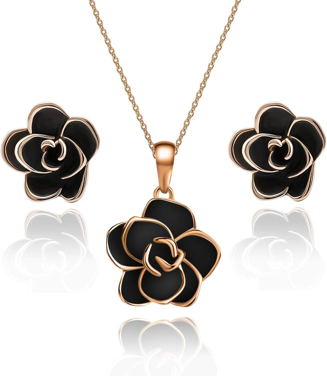 Rose Flower Necklace &amp; Earrings Set for Women – 18K Gold Plated, Hypoallergenic Jewelry Set