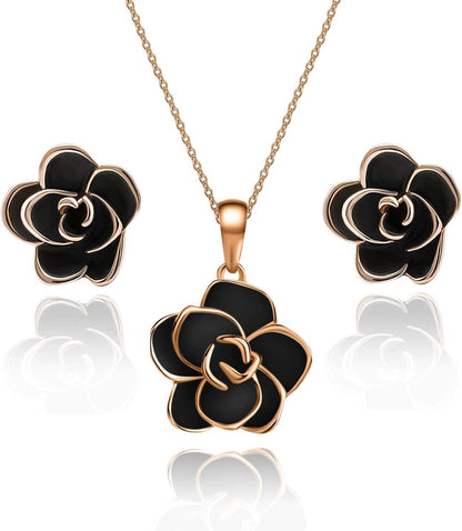 Rose Flower Necklace &amp; Earrings Set for Women – 18K Gold Plated, Hypoallergenic Jewelry Set