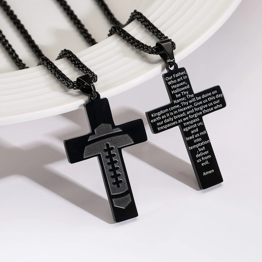 Football Cross Necklace for Men Stainless Steel Bible Verse Lord&