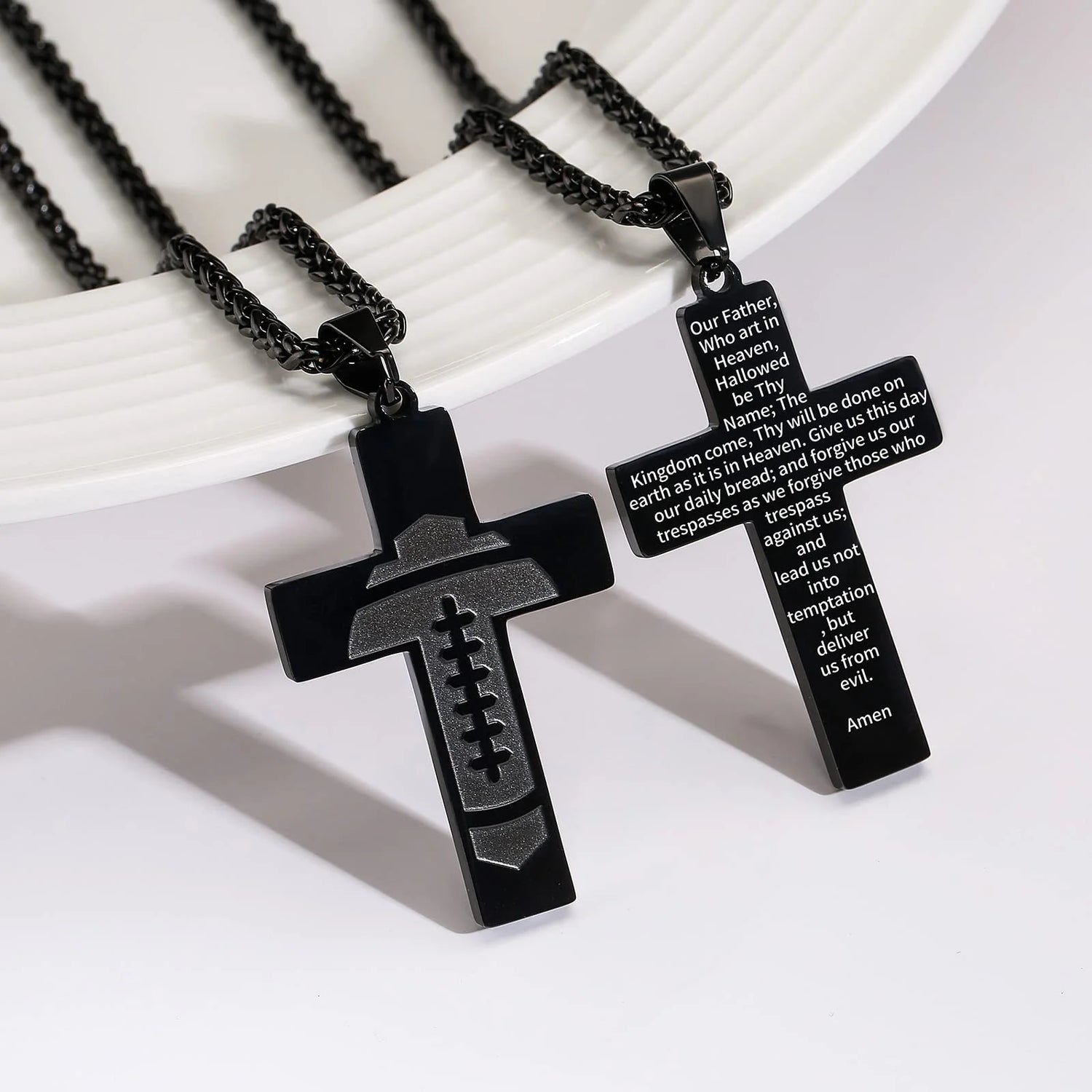 Football Cross Necklace for Men Stainless Steel Bible Verse Lord&
