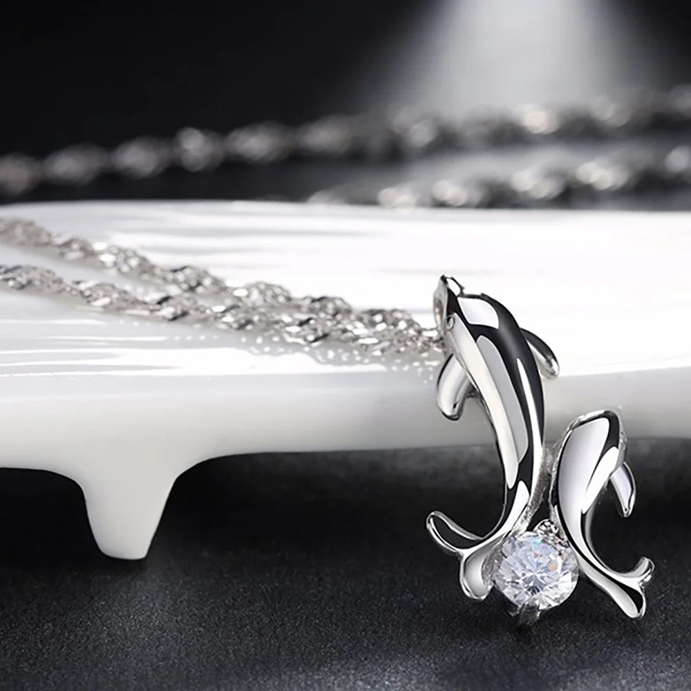 Ginger Lyne Dolphins Pendant Necklace for Women – Sterling Silver with Cubic Zirconia