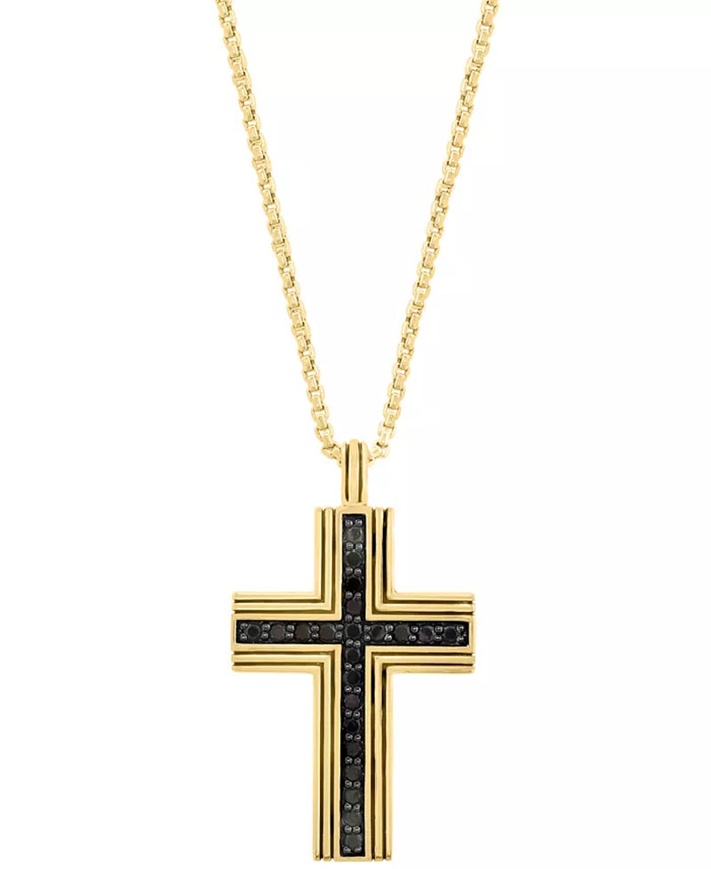 EFFY® Men’s Black Spinel Square Cross Pendant Necklace – 3/4 Ct. T.W., Gold-Plated Sterling Silver, 22&quot;