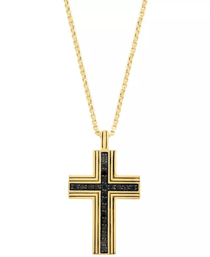 EFFY® Men’s Black Spinel Square Cross Pendant Necklace – 3/4 Ct. T.W., Gold-Plated Sterling Silver, 22&quot;