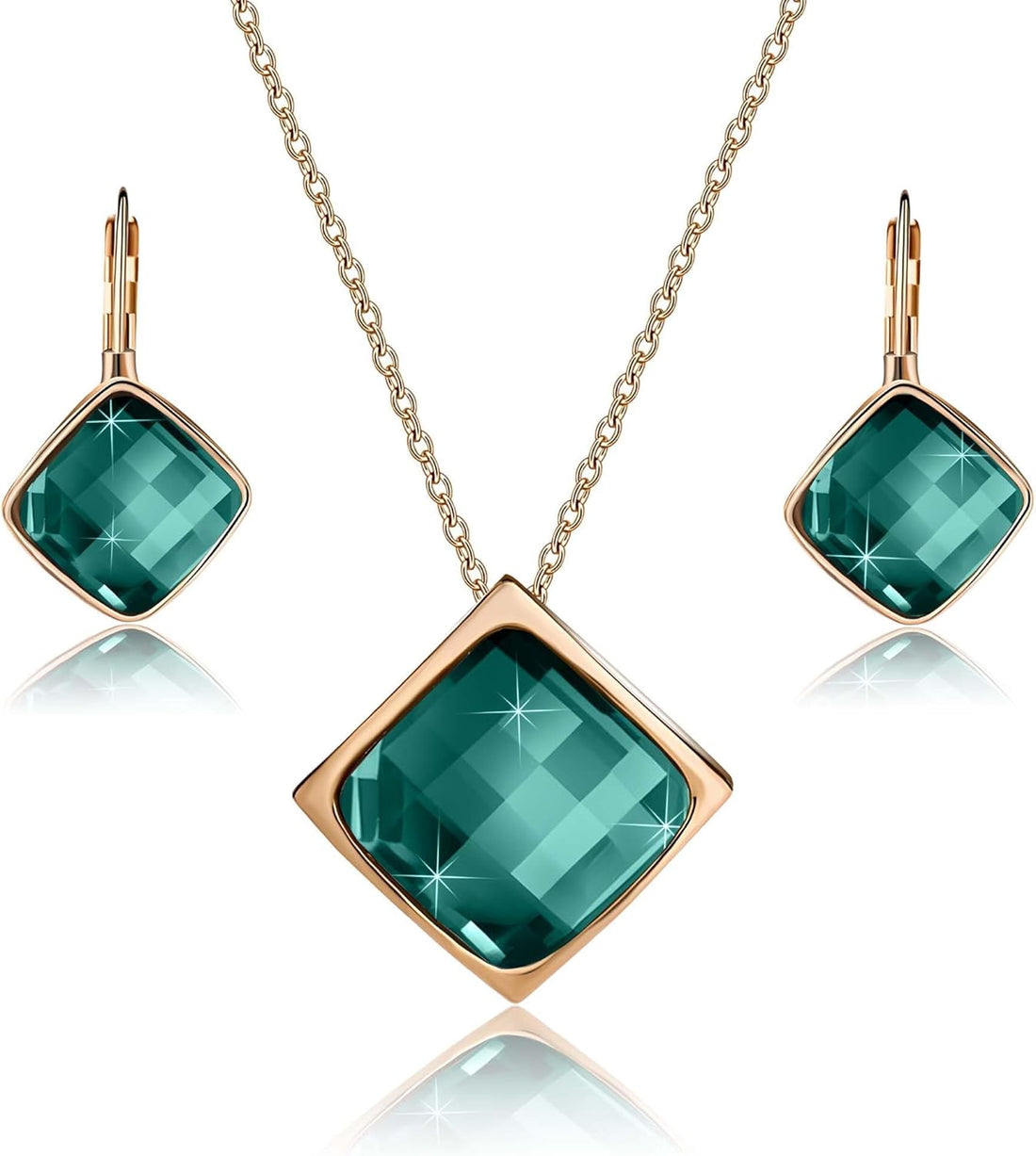 Square Austrian Crystal Necklace &amp; Earrings Set for Women – 18K Gold Plated Hypoallergenic Fashion Jewelry