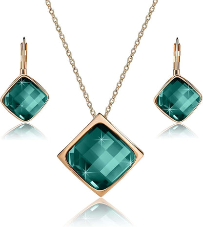 Square Austrian Crystal Necklace &amp; Earrings Set for Women – 18K Gold Plated Hypoallergenic Fashion Jewelry