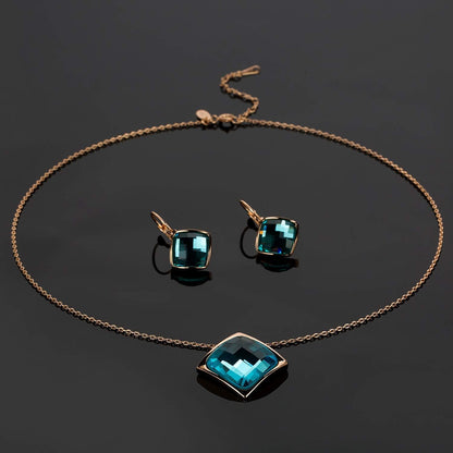 Square Austrian Crystal Necklace &amp; Earrings Set for Women – 18K Gold Plated Hypoallergenic Fashion Jewelry
