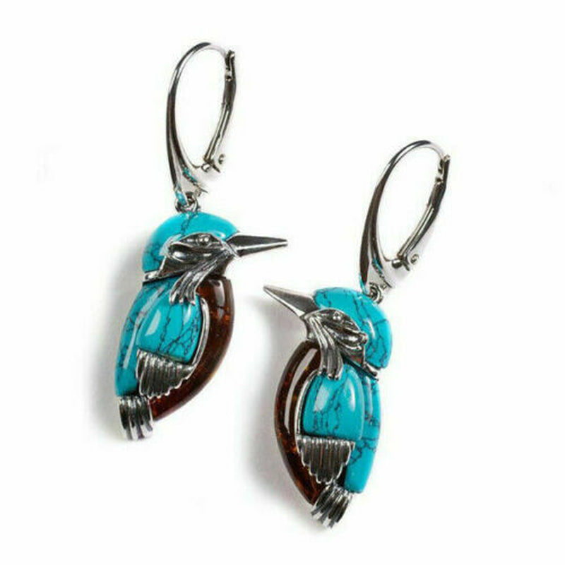 Bird Hoop Dangle Earrings – Turquoise Lab-Created Silver Plated Jewelry for Women