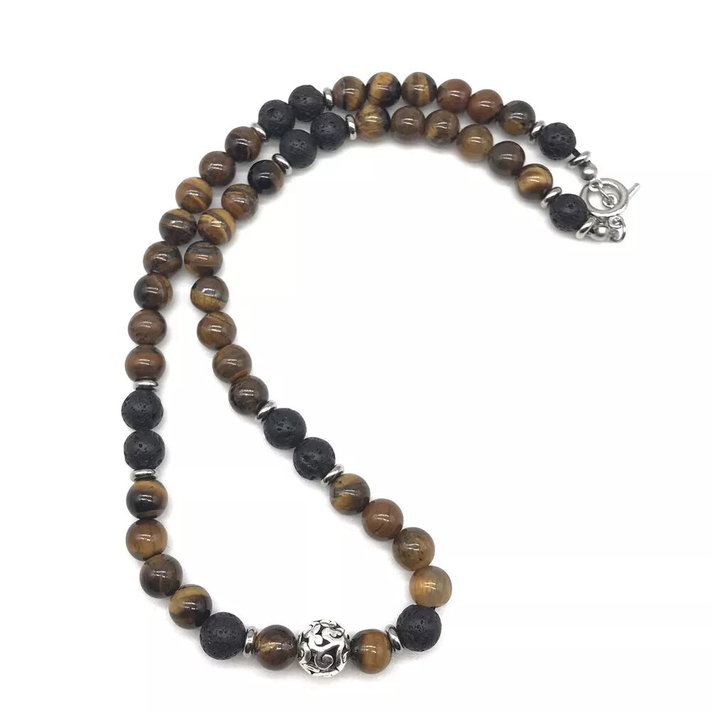 Men’s 8mm Natural Tiger Eye Lava Bead Necklace – Stainless Steel Toggle Clasp, 18/20/24&quot;