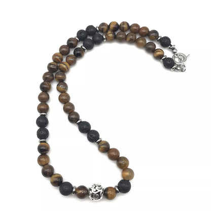 Men’s 8mm Natural Tiger Eye Lava Bead Necklace – Stainless Steel Toggle Clasp, 18/20/24&quot;