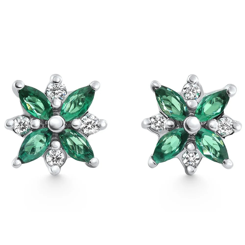 Pompeii 0.60 Ct. Petal Green Emerald &amp; Diamond Earrings – 14K White Gold, Lab-Grown, Screw Back
