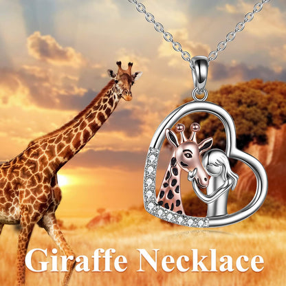 Giraffe &amp; Girl Heart Pendant Necklace – 925 Sterling Silver