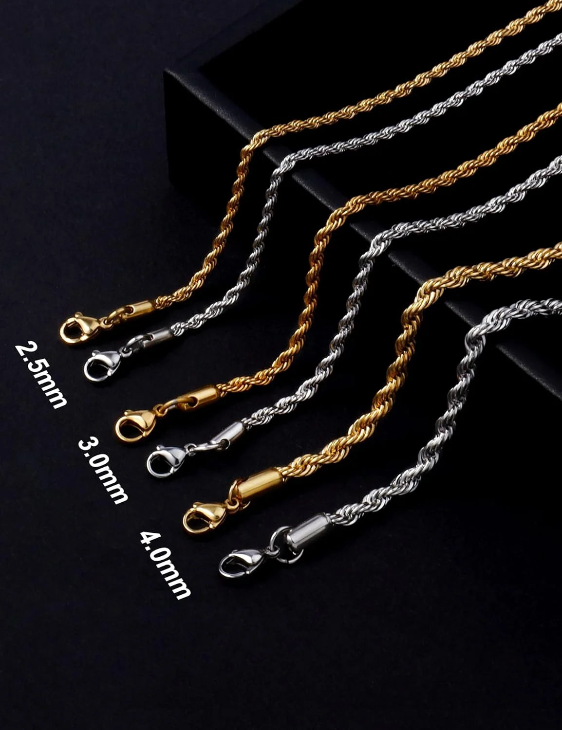 Gold Rope Chain Necklace for Men &amp; Women – 18K Gold Plated Stainless Steel, 2.5mm, 3mm &amp; 4mm