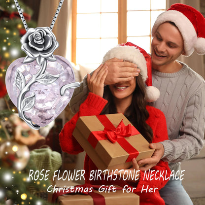 S925 Sterling Silver October Birthstone Necklace – Pink Tourmaline Blooming Rose Heart Pendant Gift for Women