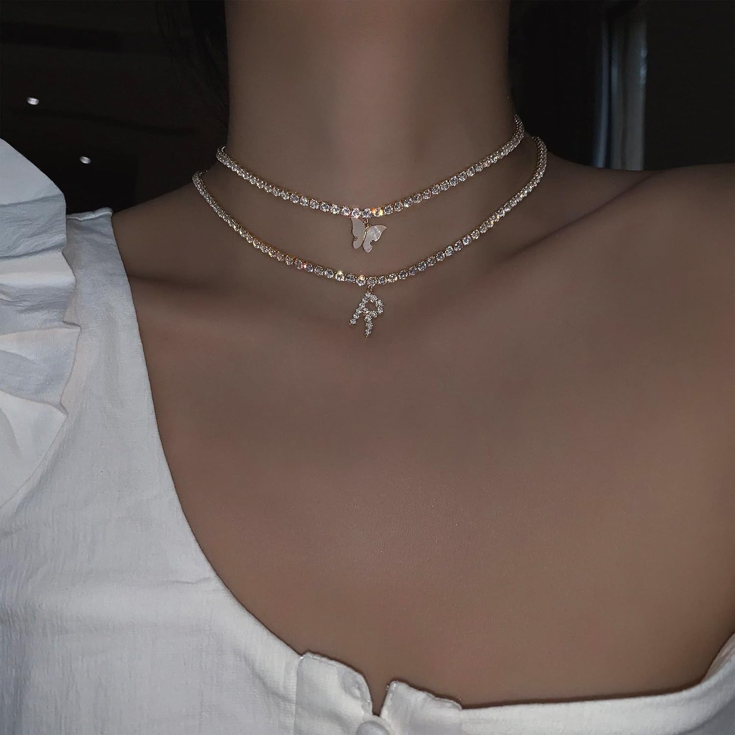 14K Gold Plated Letter Necklace – Iced Out CZ Initial Pendant on Tennis Chain Choker for Women