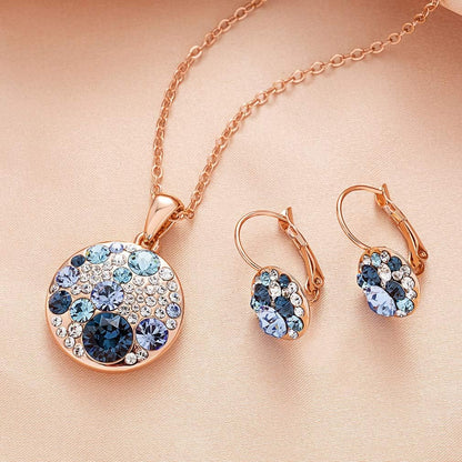 Austrian Crystal Round Disc Pendant Necklace &amp; Earrings Set – 14K Gold Plated, Hypoallergenic Jewelry for Women