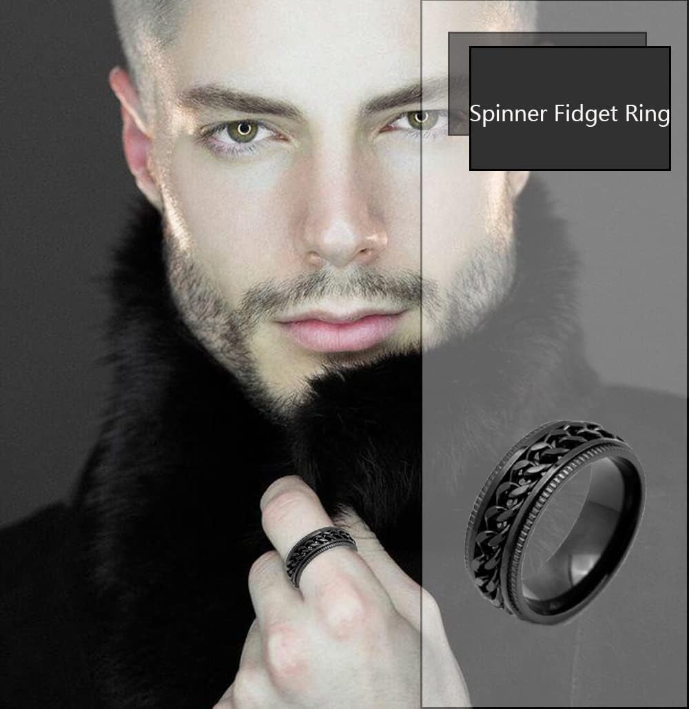 12Pcs 8mm Stainless Steel Fidget Spinner Rings Set – Anxiety Relief Chain Rings with Dragon Pattern for Men &amp; Women (Sizes 7–11)