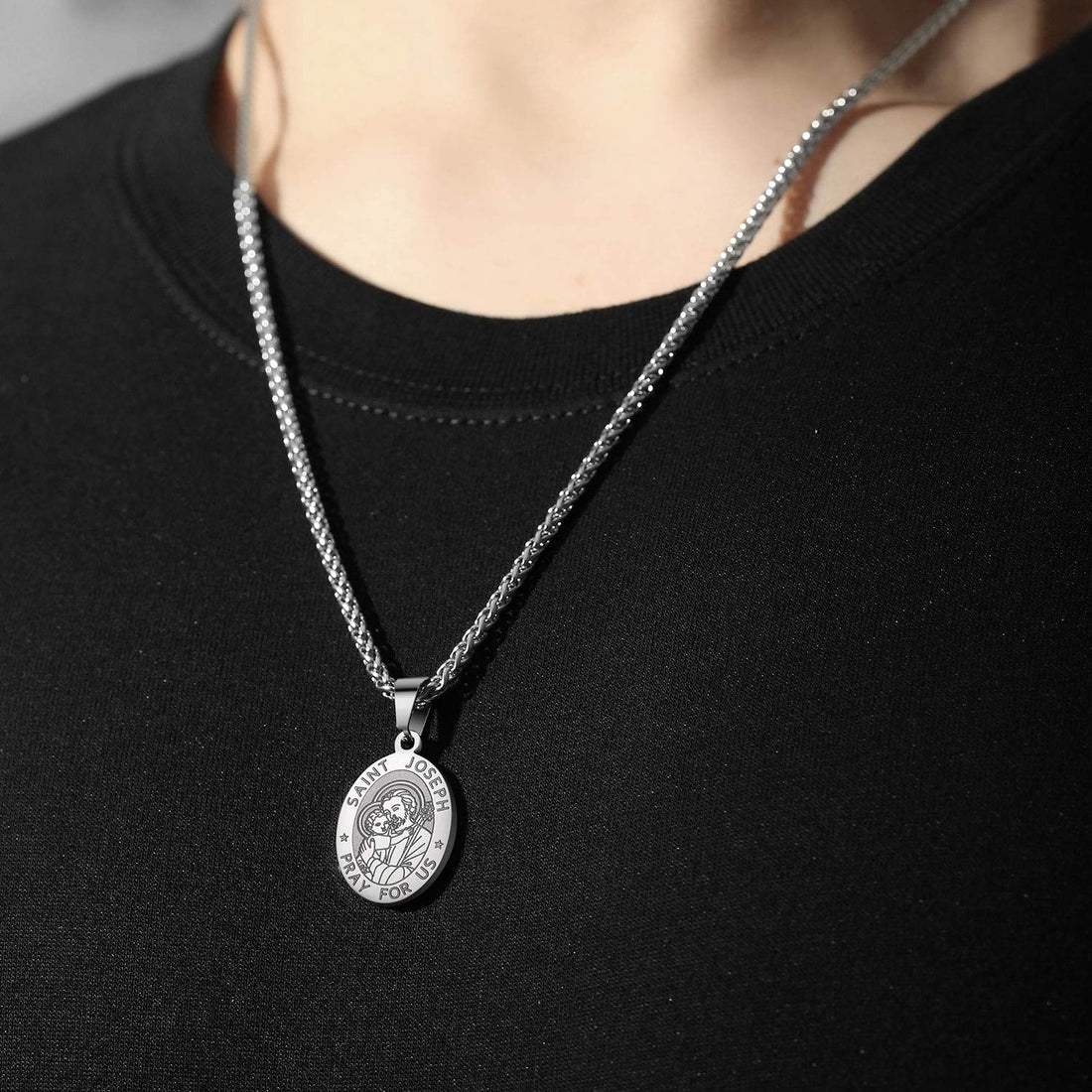 Silver Saint Joseph Necklace for Men &amp; Boys – Stainless Steel Pendant Chain, Christian Catholic Jewelry Gift