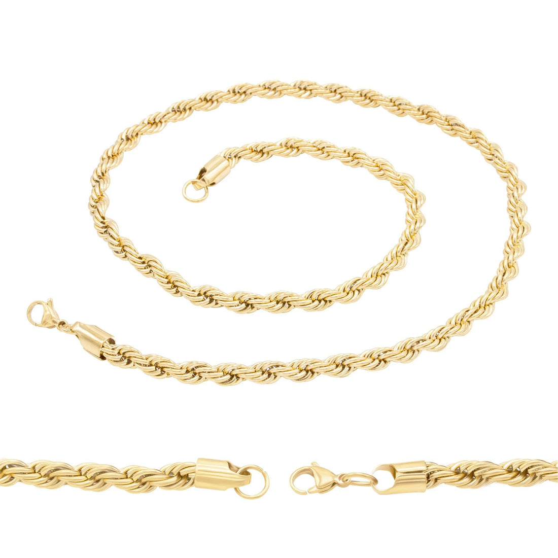 Rope Chain Necklace 14K Gold Plated Stainless Steel – Twisted Link Fashion Jewelry for Men, 24&quot; Length, 4mm Width