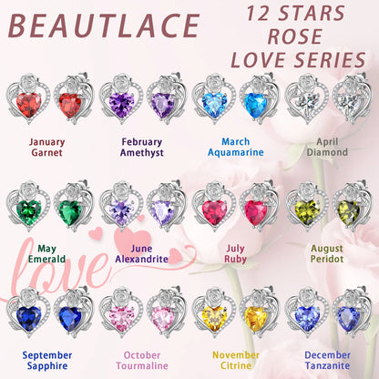 Rose Heart Birthstone Earrings – July Birthstone Studs with Rose Flower Design in 925 Sterling Silver | Elegant Jewelry Gift for Women