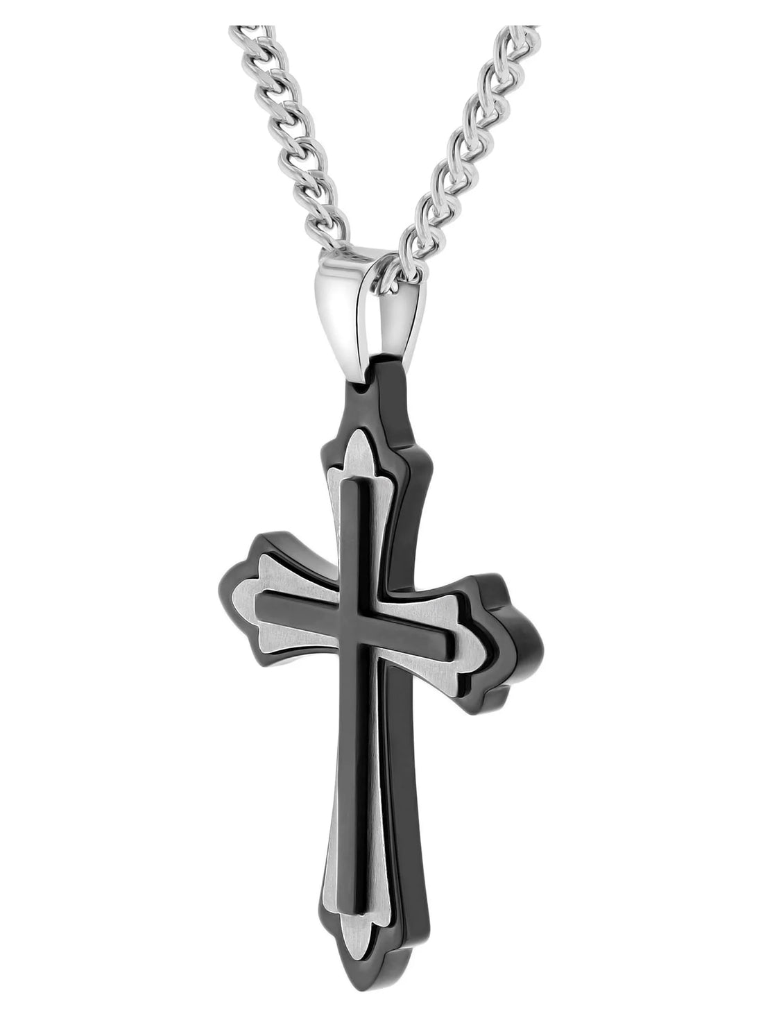Men’s Stainless Steel Fleur De Lis Cross Pendant Necklace – Two-Tone Gold &amp; Silver Christian Chain Jewelry