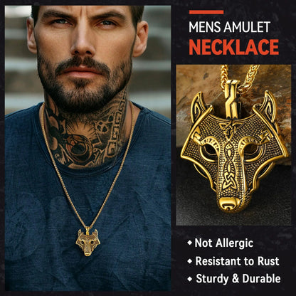 🐺 Viking Wolf Head Necklace for Men – Gold Plated Norse Celtic Amulet Pendant Norse Mythology Wolf Jewelry | Strength &amp; Courage Talisman | Birthday Gift for Men, Friends, Grandson