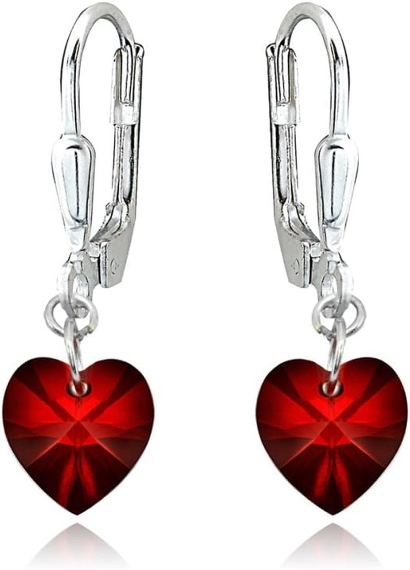 Sterling Silver European Crystal Dainty Heart Leverback Dangle Earrings for Women
