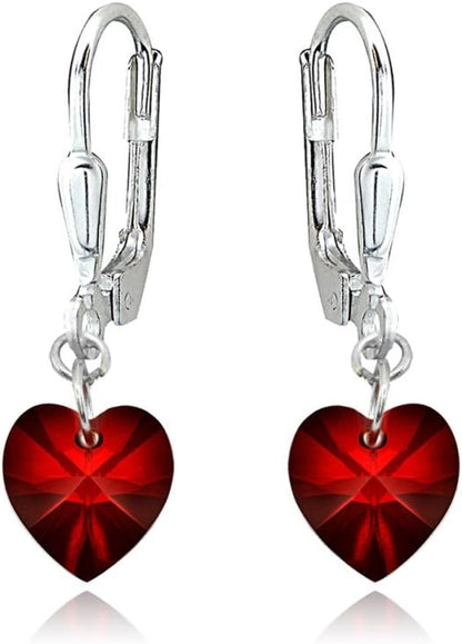 Sterling Silver European Crystal Dainty Heart Leverback Dangle Earrings for Women