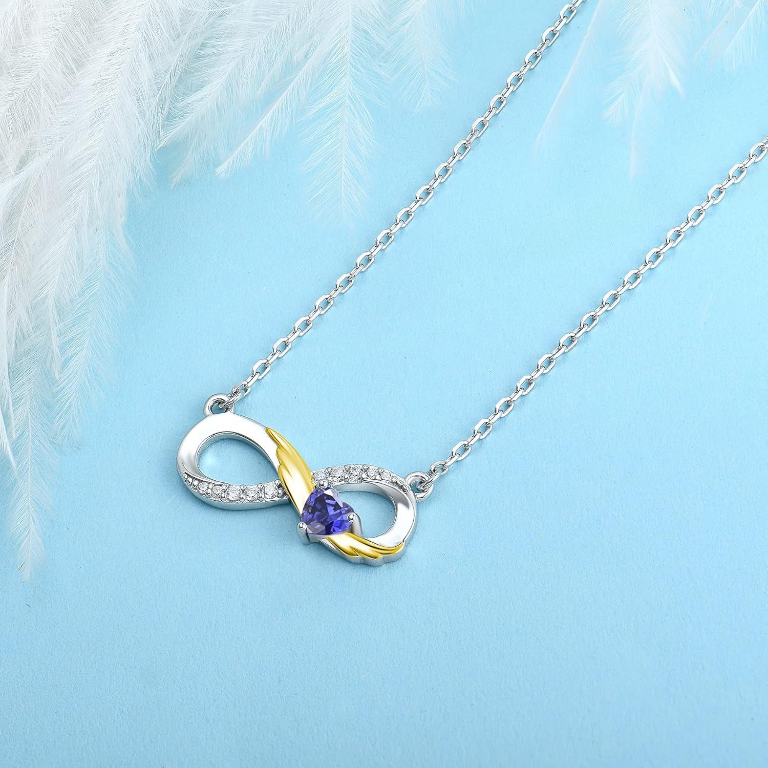 925 Sterling Silver Infinity Necklace – Angel Wings Heart Birthstone Pendant for Women