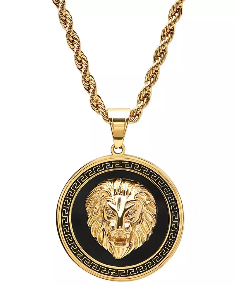 Men’s Two-Tone Stainless Steel Lion Head Pendant Necklace – Simulated Diamond, Greek Key Mount, 24-Inch Chain