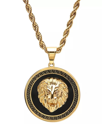 Men’s Two-Tone Stainless Steel Lion Head Pendant Necklace – Simulated Diamond, Greek Key Mount, 24-Inch Chain