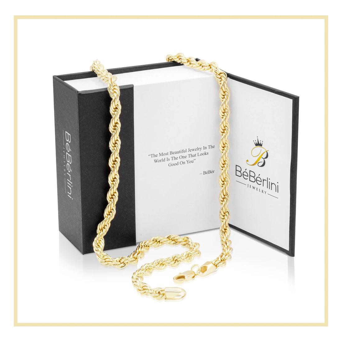 Rope Chain Necklace 14K Gold Plated Stainless Steel – Twisted Link Fashion Jewelry for Men, 24&quot; Length, 4mm Width