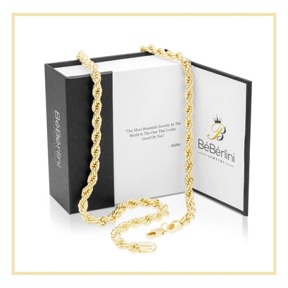 Rope Chain Necklace 14K Gold Plated Stainless Steel – Twisted Link Fashion Jewelry for Men, 24&quot; Length, 4mm Width