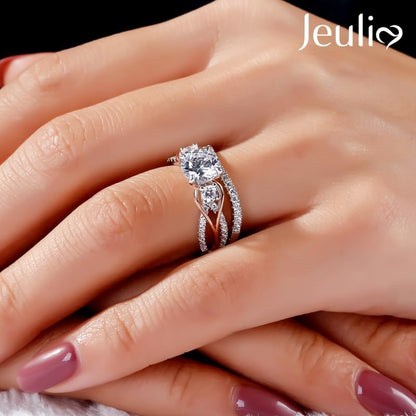 Two-Tone Rose Gold &amp; Sterling Silver Engagement Ring Set – Round Cut Three-Stone Halo Bridal, Promise &amp; Anniversary Rings for Women with Gift Box