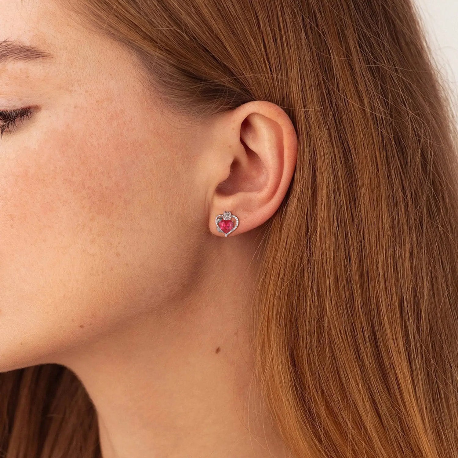 Rose Heart Birthstone Earrings – July Birthstone Studs with Rose Flower Design in 925 Sterling Silver | Elegant Jewelry Gift for Women