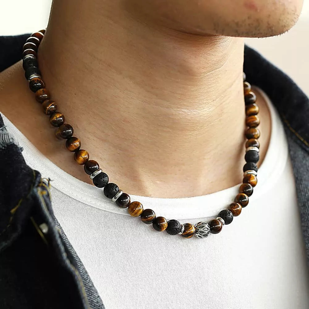 Men’s 8mm Natural Tiger Eye Lava Bead Necklace – Stainless Steel Toggle Clasp, 18/20/24&quot;