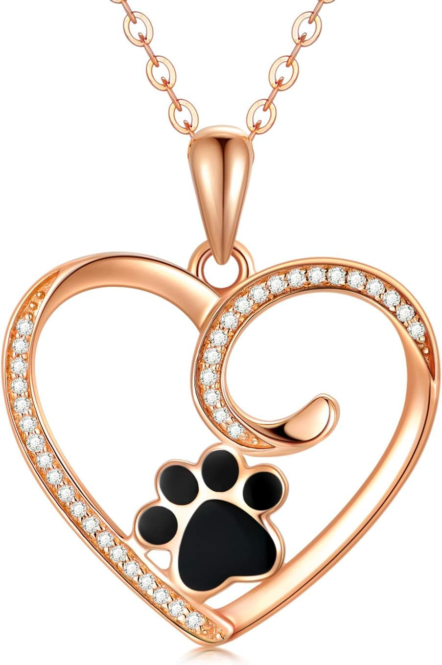 14K Gold Heart Pendant Necklace with Dog &amp; Cat Paw Print – Real Gold Jewelry for Women, 16–18 Inch, Gift for Pet Lovers