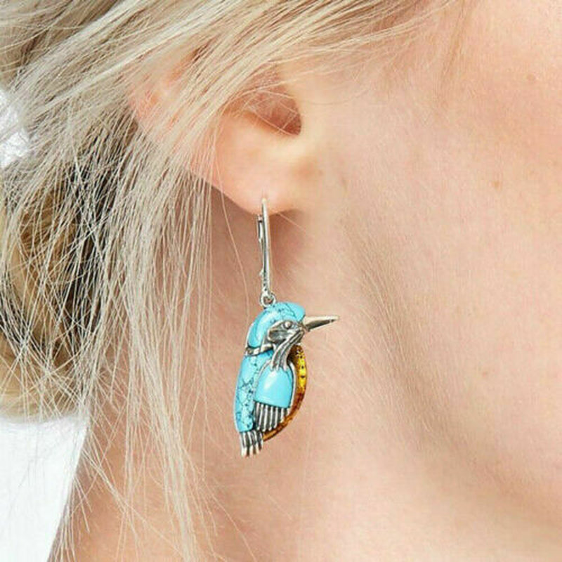 Bird Hoop Dangle Earrings – Turquoise Lab-Created Silver Plated Jewelry for Women