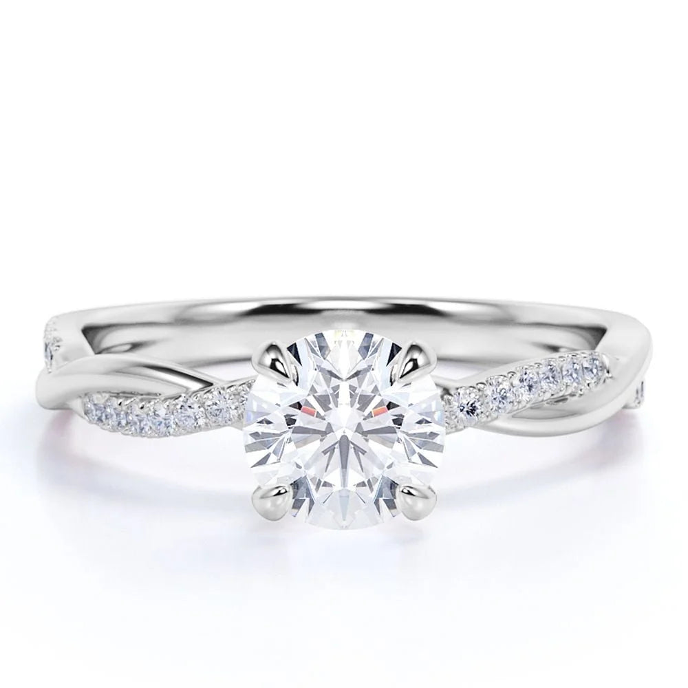 Cathedral Prong 1 Ct Round Moissanite Infinity Engagement Ring – 18K White Gold Plated over Silver, Half Pave Twisted Shank