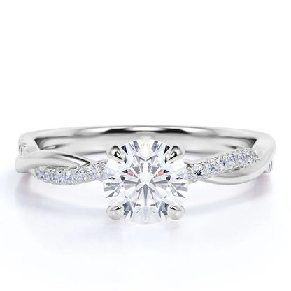 Cathedral Prong 1 Ct Round Moissanite Infinity Engagement Ring – 18K White Gold Plated over Silver, Half Pave Twisted Shank
