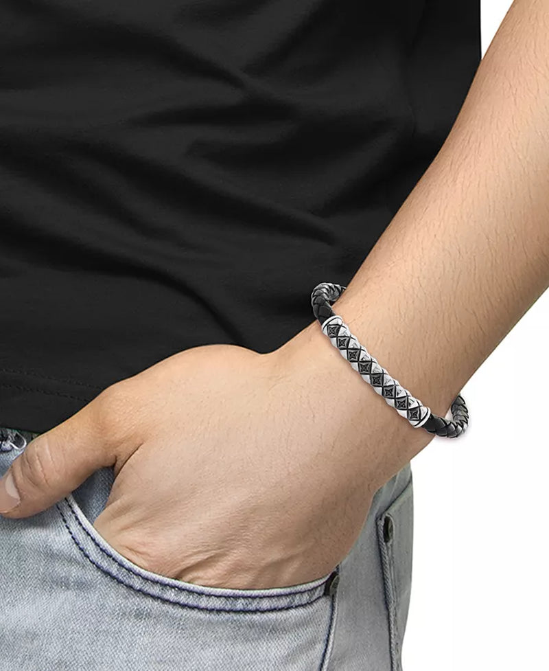 EFFY® Men’s Black Spinel Woven Black Leather Bracelet (1/6 Ct. T.W.) in Sterling Silver